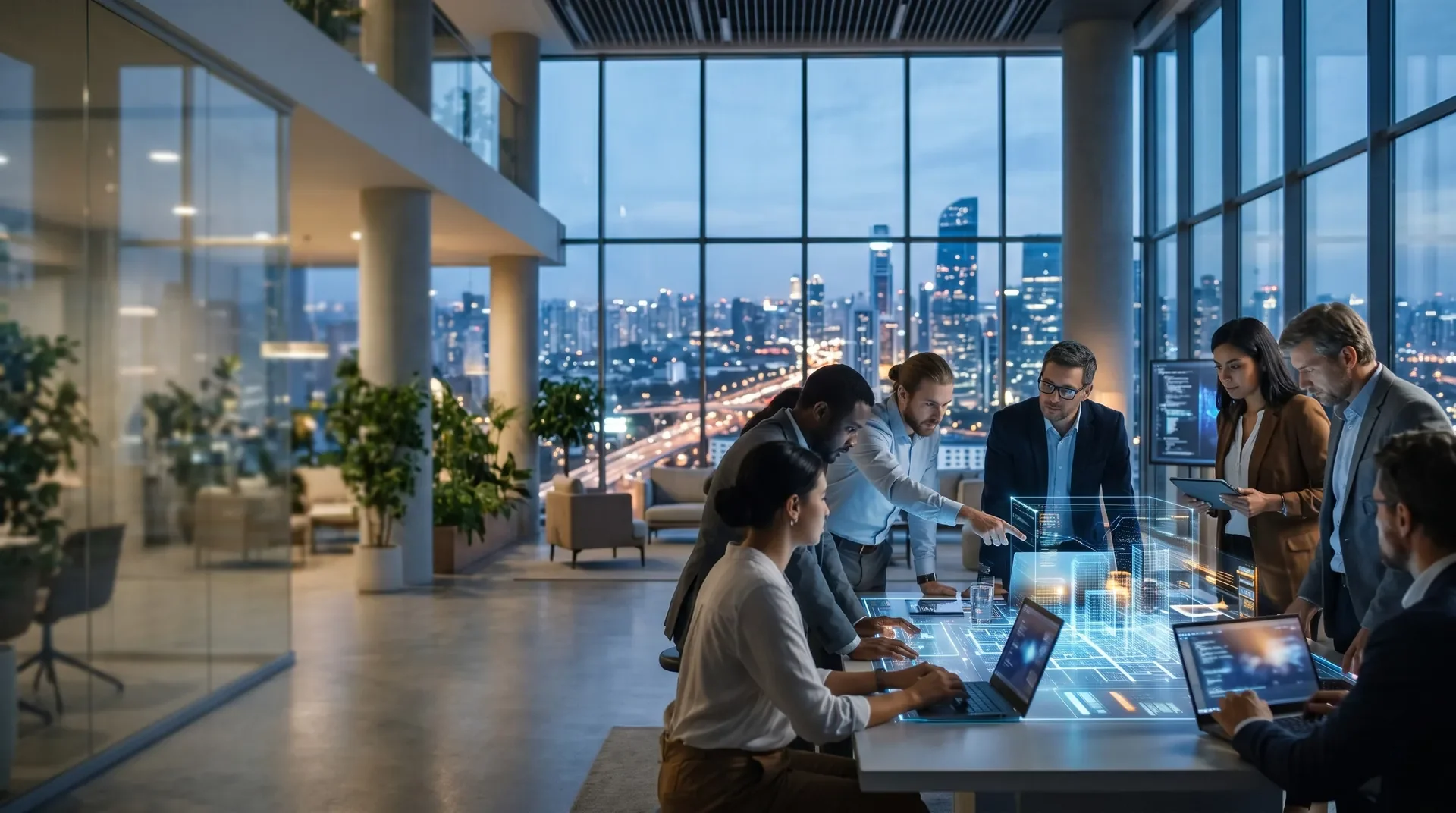 FixityTech team collaborating around digital displays in a high-rise office at dusk